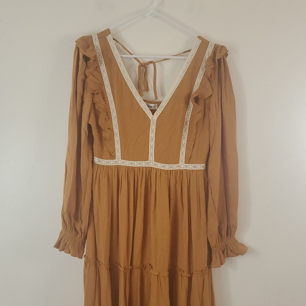 In Loom Tiered Lace Inset Ruffle Dress Size Large Midi BoHo Modest - Picture 6 of 15